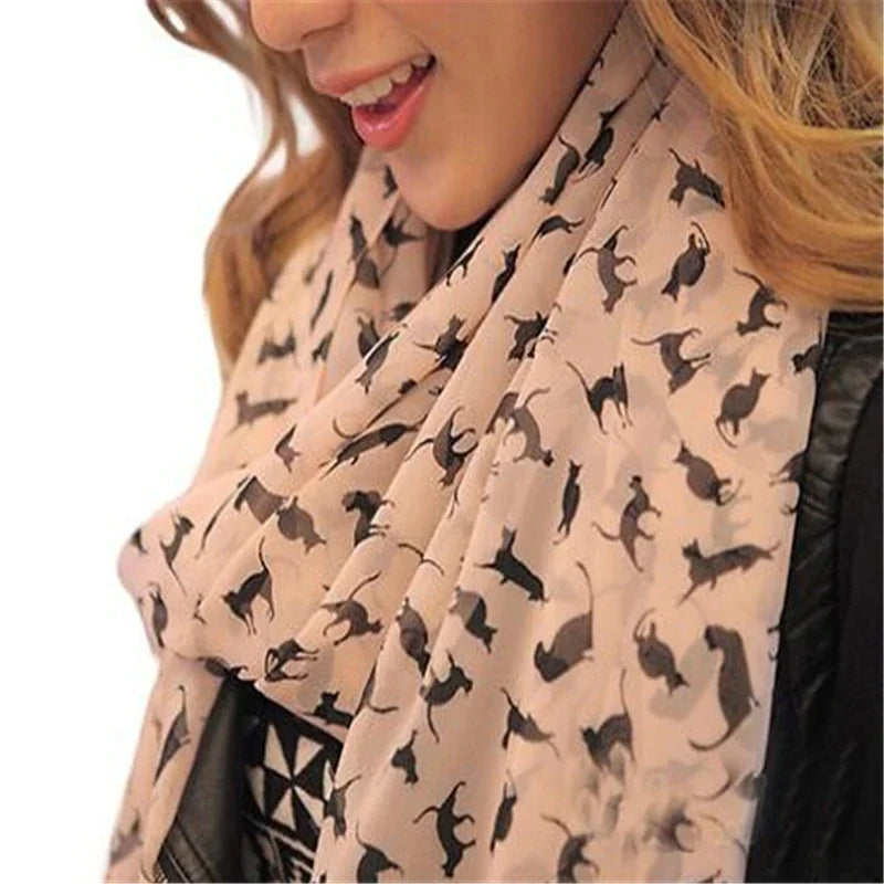 New Fashion Women Chiffon Colorful Printed Sweet Cartoon Cat Kitten Scarf