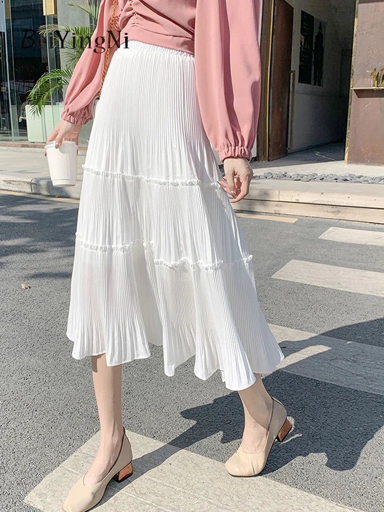 Pleated Skirt Women Vintage Casual Chiffon Shift Long High Waist Skirts