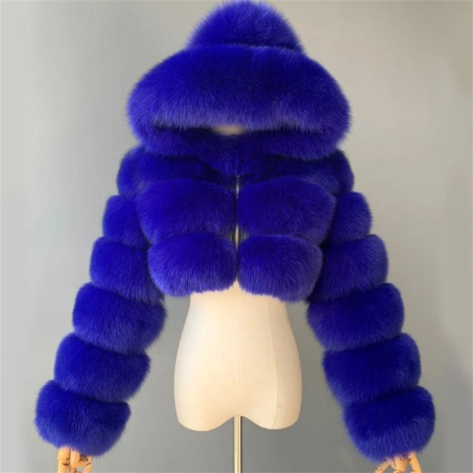 Winter Women Faux Fox Fur Thick Warm Full Sleeves Hooded Short Jacket