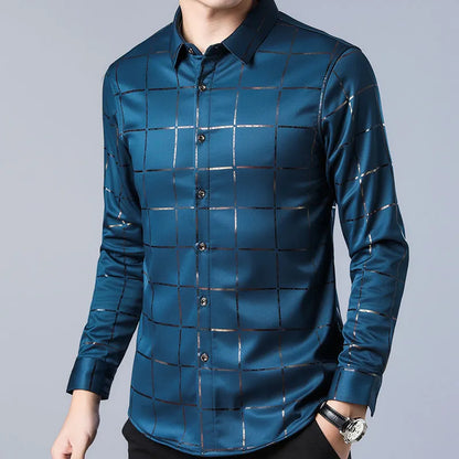 2022 Brand Casual Spring Luxury Plaid Long Sleeve Slim Fit Men Shirt