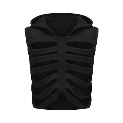 Women Vest Coat Chic Sleeveless Hooded Vest Hollowed Skeleton Hoodie