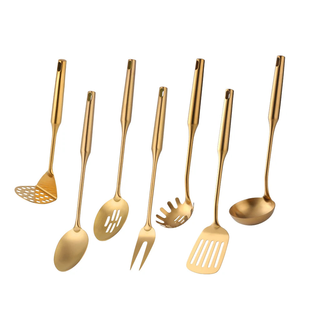 1-10pcs Stainless Steel CookwarLong Handle Set Gold Cooking Utensils Scoop Spoon