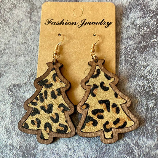 Xmas Tree Wood Bezel Cheetah Print Genuine Leather Christmas Earrings