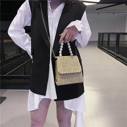 Summer Beach Straw Bag Crossbody Bags for Women 2022 Pearl Woven Rattan Women