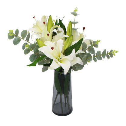 Premium Faux White Lily in Glass Vase (Tiger Lily Bouquet With Eucalyptus)