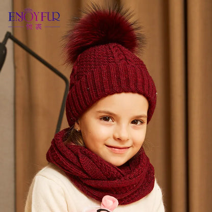 ENJOYFUR Winter Hat and Scarf Set for Girls High Quality Cotton Knitted Soft