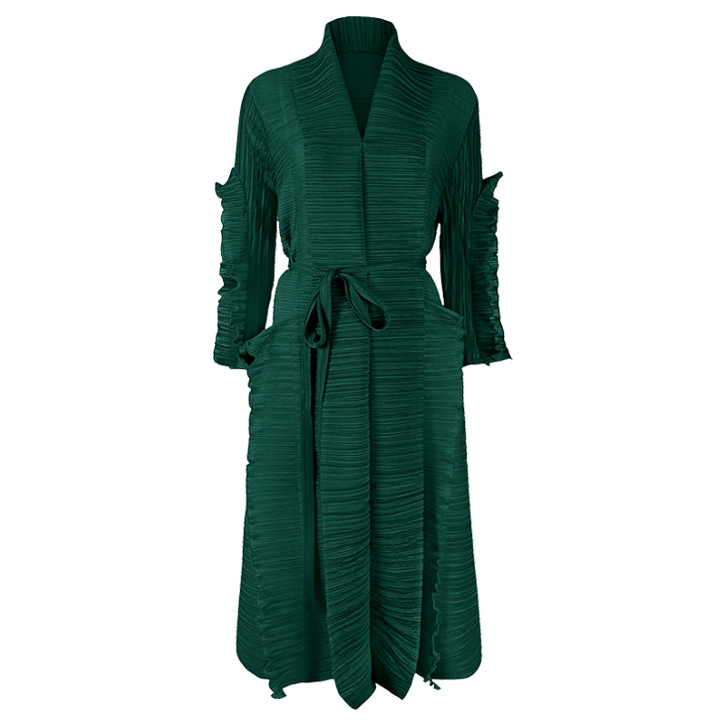 Miyake Pleated Long Petal Sleeve Dress Lapel Cardigan Sashes