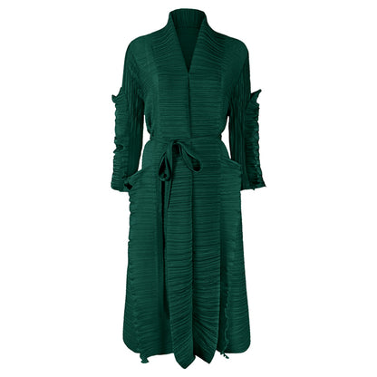 Miyake Pleated Long Petal Sleeve Dress Lapel Cardigan Sashes