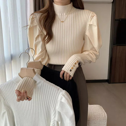 Biyaby Women's Turtleneck Sweaters Pullovers Korean Chic Puff Sleeve Knitted