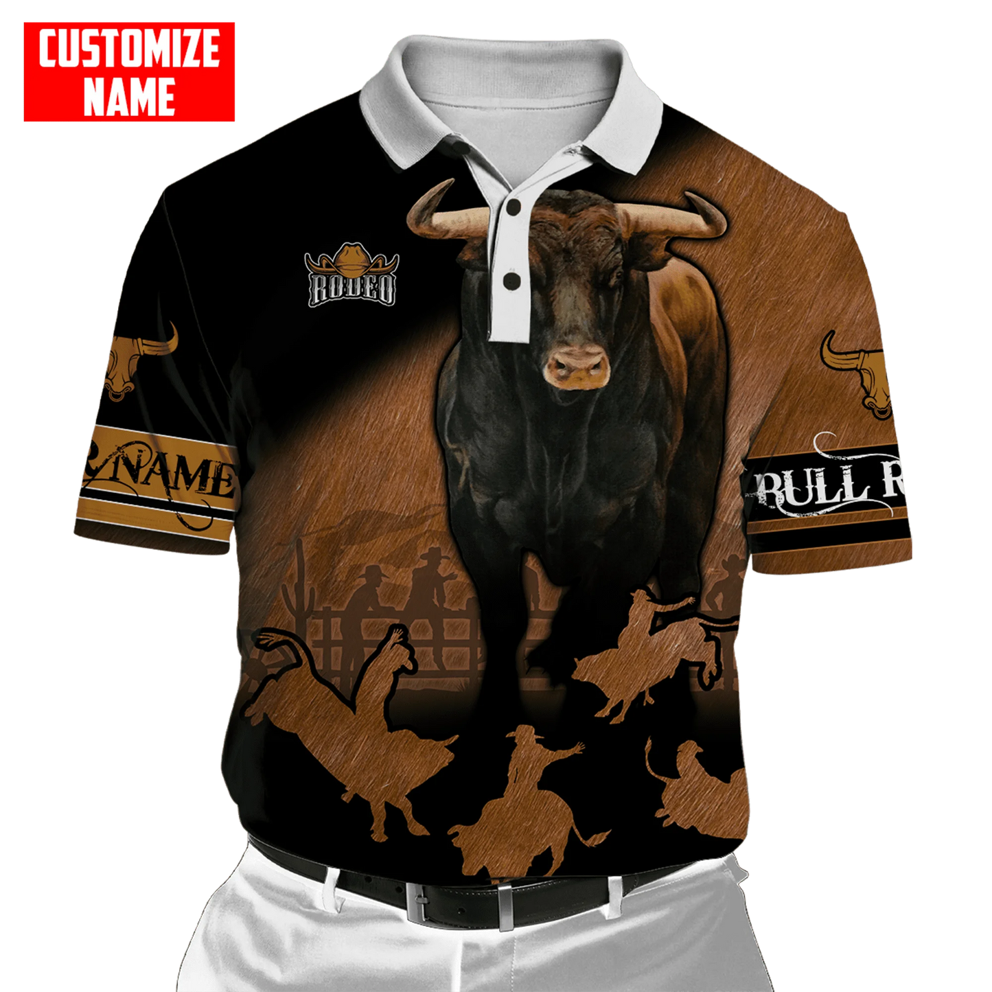 Personalized Name Bull Riding 3D All Over Printed Mens Polo Shirt