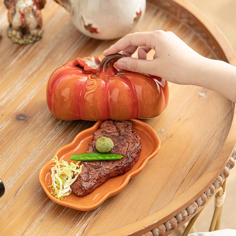 Cute and Novel Pumpkin With Lid Ceramic Dining Plate Snack Plate Utensils