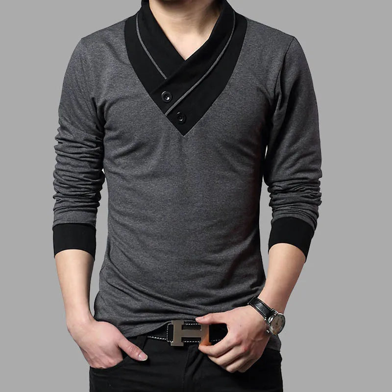 2024 Fashion Brand Trend Slim Fit Long Sleeve T Shirt Men Collar Tee V-Neck