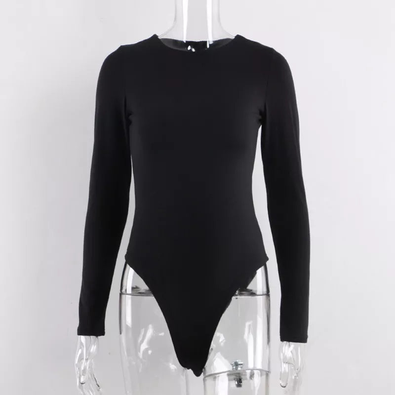 O Neck Long Sleeve Solid White Sexy Bodysuit Women