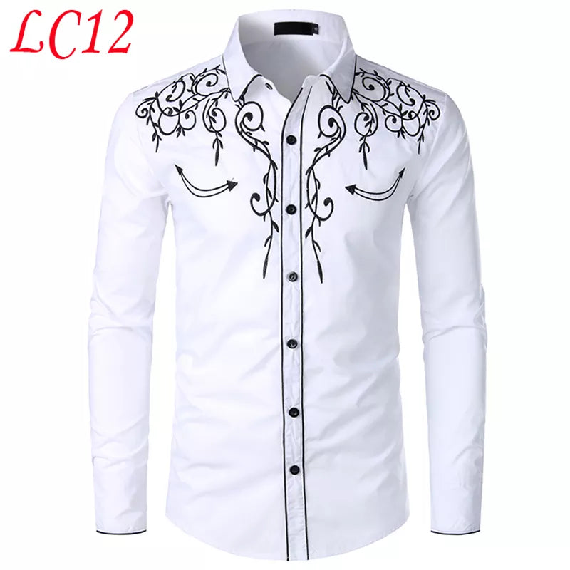 Stylish Western Cowboy Shirt Men Brand Design Embroidery Slim Fit