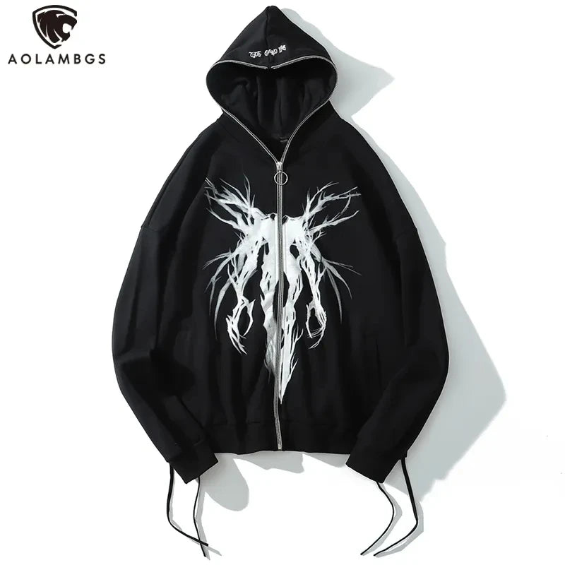 Aolamegs Punk Graphic Print Zipper Ribbon Hooded Hoodie Men Casual Black Cool