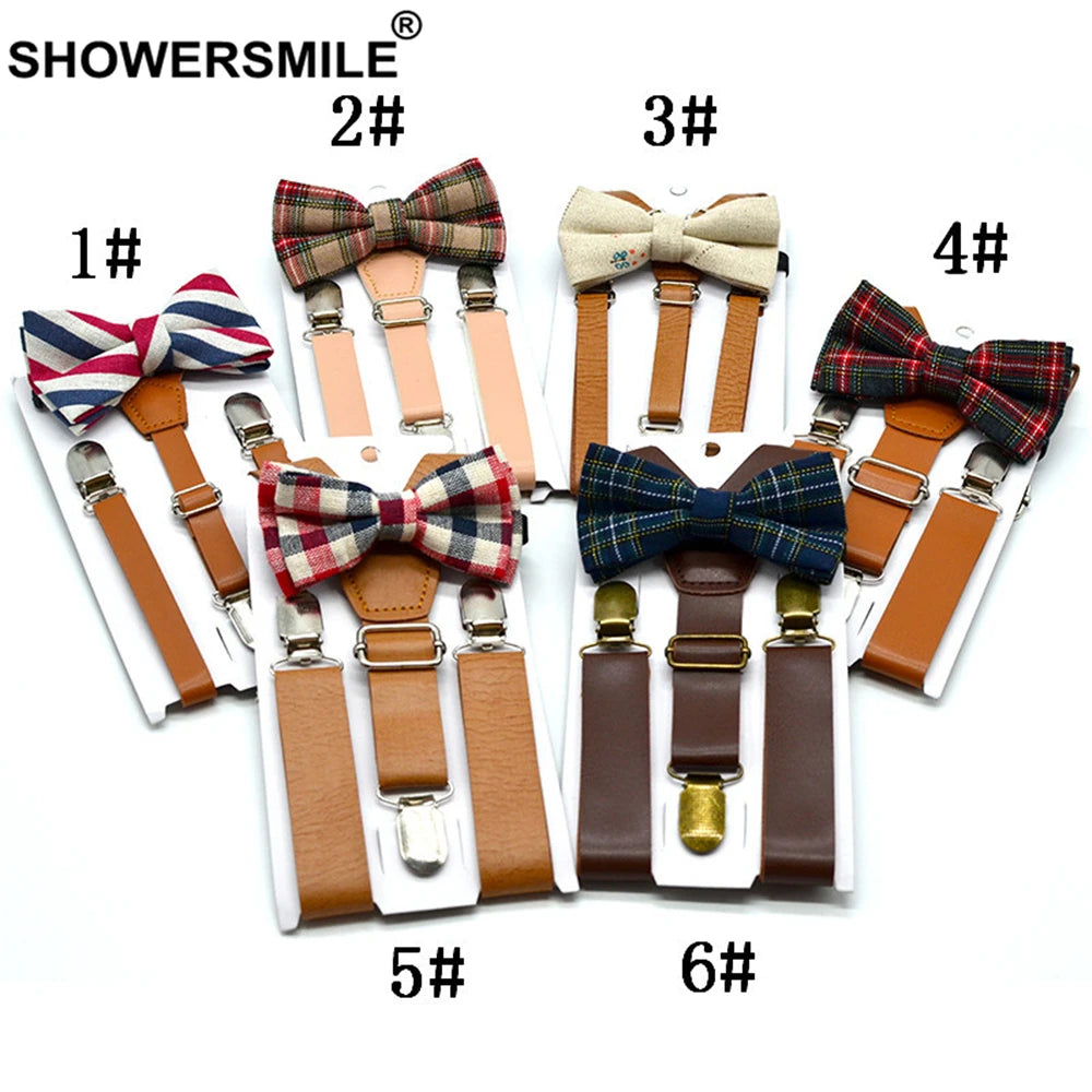 SHOWERSMILE Kids Suspenders With Bow Tie Leather British Style Boys Suspenders