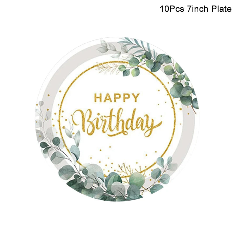 1Set Eucalyptus Happy Birthday Disposable Tableware Paper Plate Cup Napkins