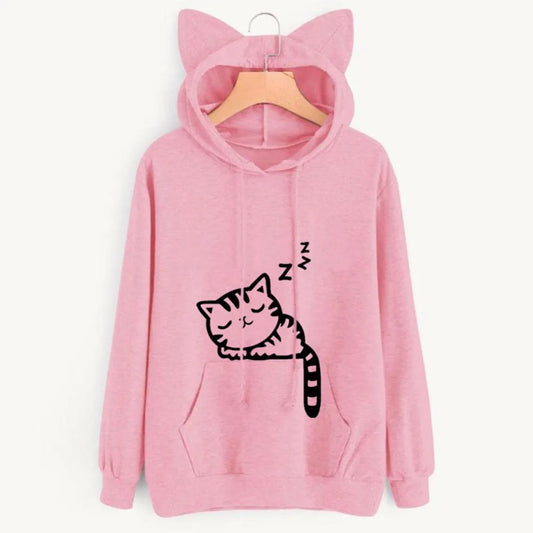 Women Sweatshirt Cat Ear Funny Hoodie Mujer Tracksuits Kawaii Print Cat Cartoon