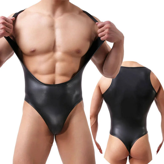 Mens Bodysuit Sexy One-Piece Jumpsuits PU Leather Catsuit Gay Jockstrap