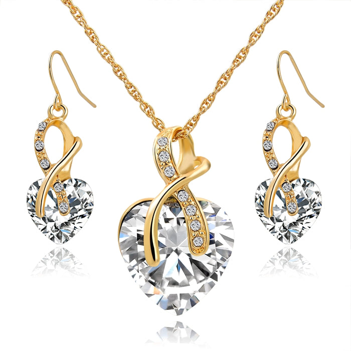 Longway Austrian Crystal Necklace Earrings Set Gold Color Heart Crystal Jewelry