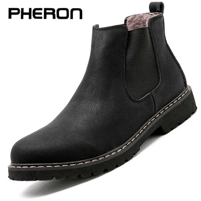 Chelsea Boots Men Winter Shoes Black Split Leather Boots Mens Warm Footwear