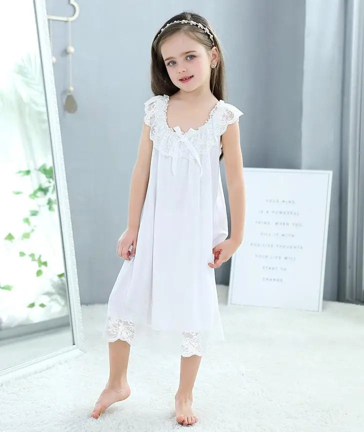 Summer Children's Girls Dress Sleepwear White Lace Cotton Princess Vintage