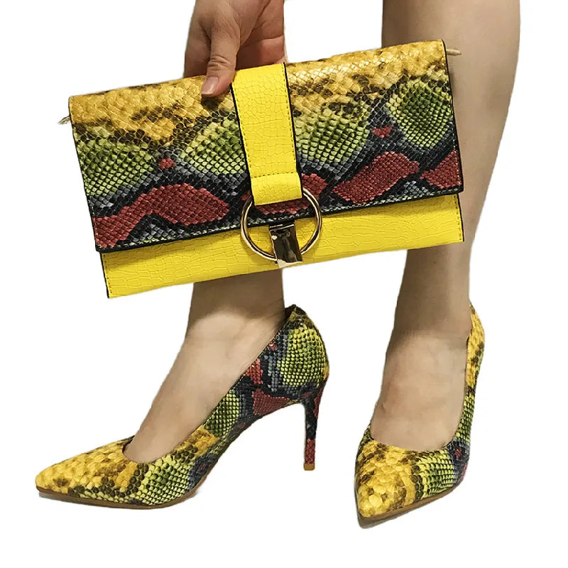 Yellow Shoes Snake Printed Leather With Women Bag Set ,Women Shoes Pumps