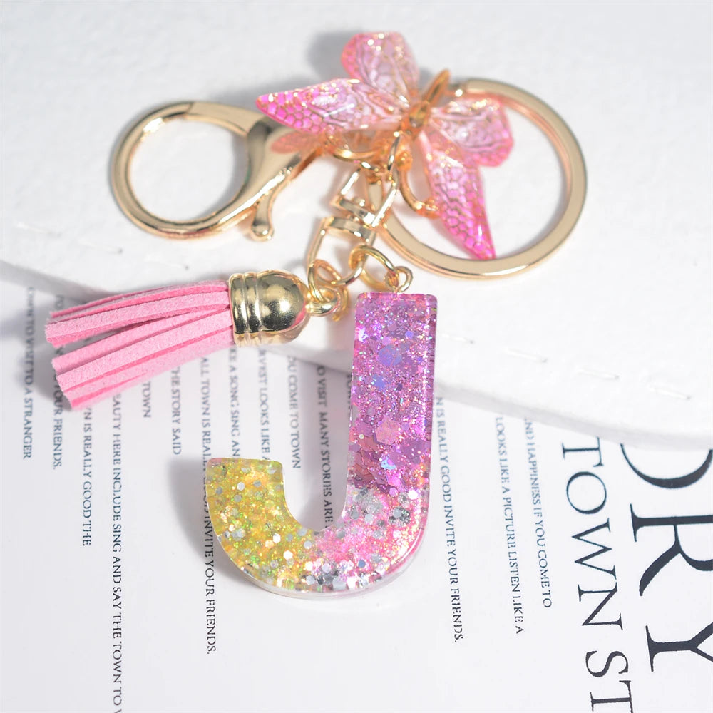 Cute Resin A-Z Initials Letter Keychain Pink Sparkle Butterfly Tassel Pendant