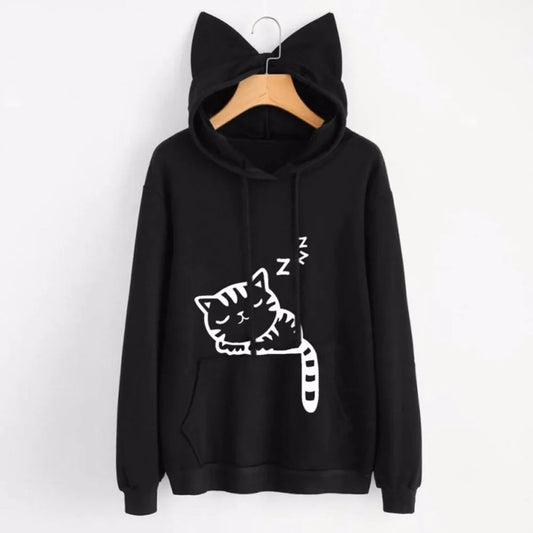 Women Sweatshirt Cat Ear Funny Hoodie Mujer Tracksuits Kawaii Print Cat Cartoon