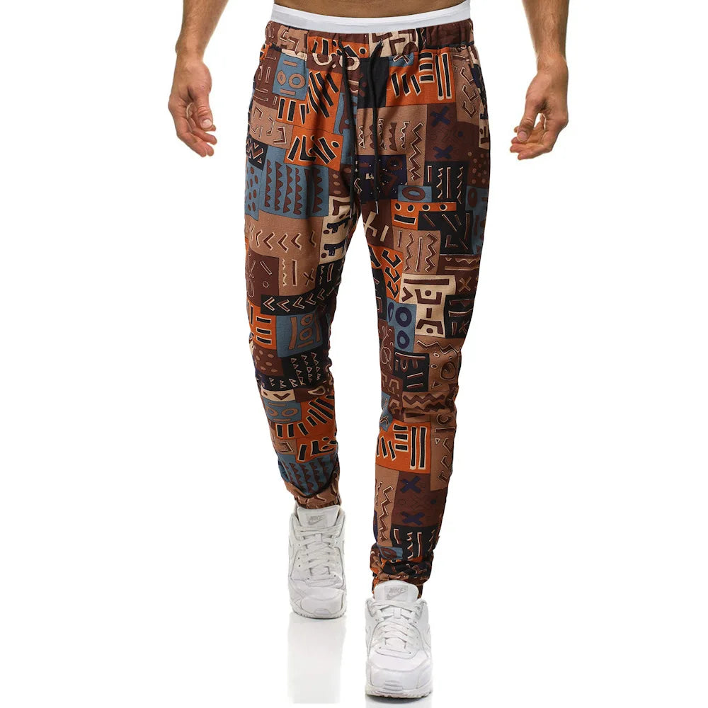 Mens Cotton Linen Joggers Sweatpant African Dashiki Print Trousers Jogging Pants