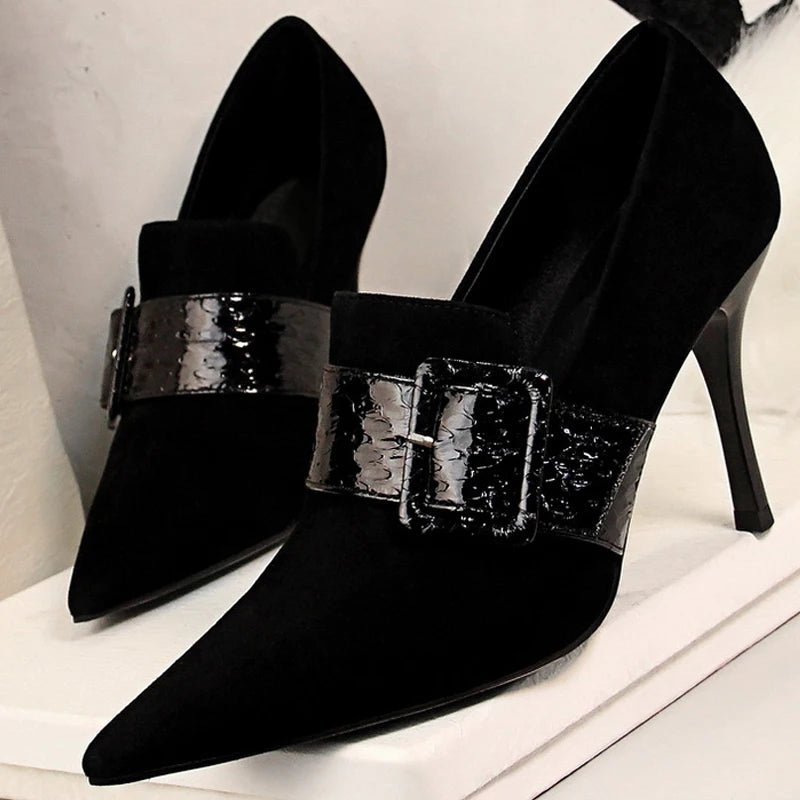 BIGTREE Serpentine Pumps Belt Buckle High Heels Suede Women Heel 9.5 Cm Shoes