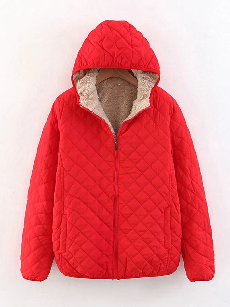 Women Autumn Winter Parkas Coat Jackets Female Lamb Hooded Plaid Long