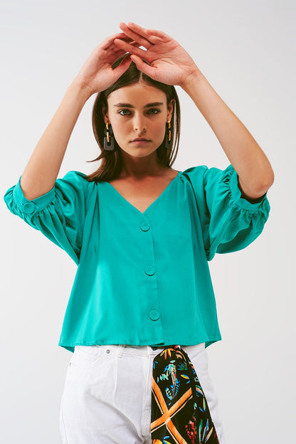 Cropped Button Through Shirt in Green