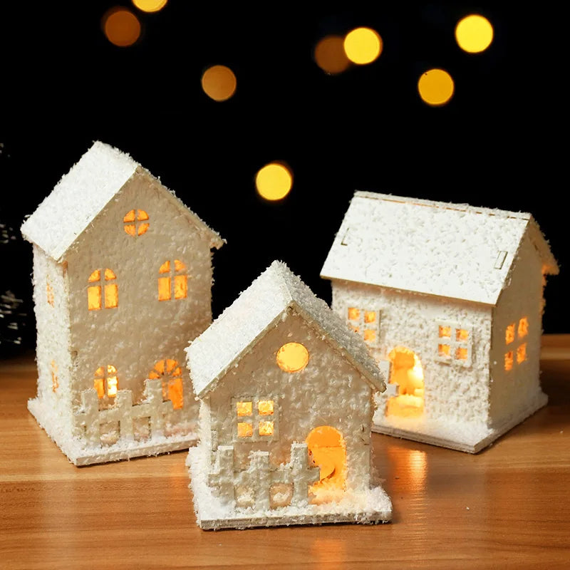 1pc Christmas Ornaments LED Lights Wooden House Luminous Cabin With Snow