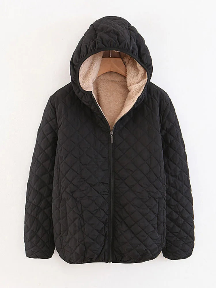 Women Autumn Winter Parkas Coat Jackets Female Lamb Hooded Plaid Long