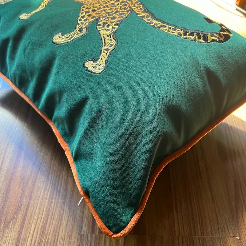 Green Pillows Sofa Decorative Pillow Cover Golden Leopard Embroidery Velvet