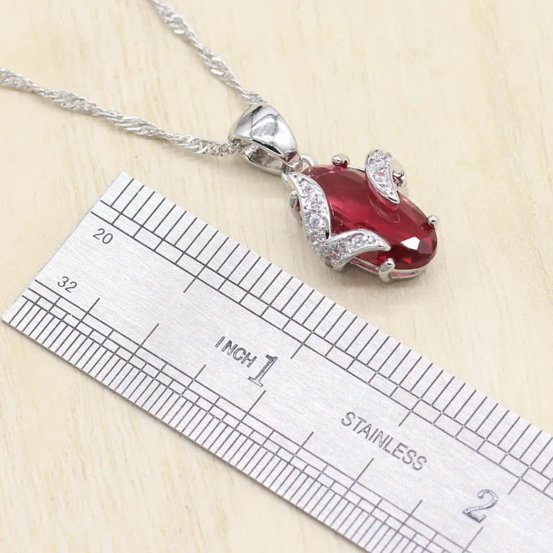 Silver Color Jewelry Sets for Women Red Stones Necklace Pendant Earrings Ring