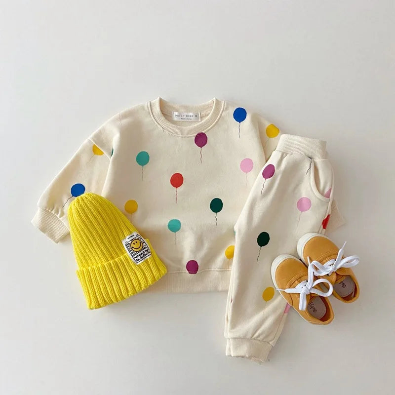 Korean Baby Kids Balloon Print Clothing Sets Girls Boys Cotton Sweatshirts+Pants