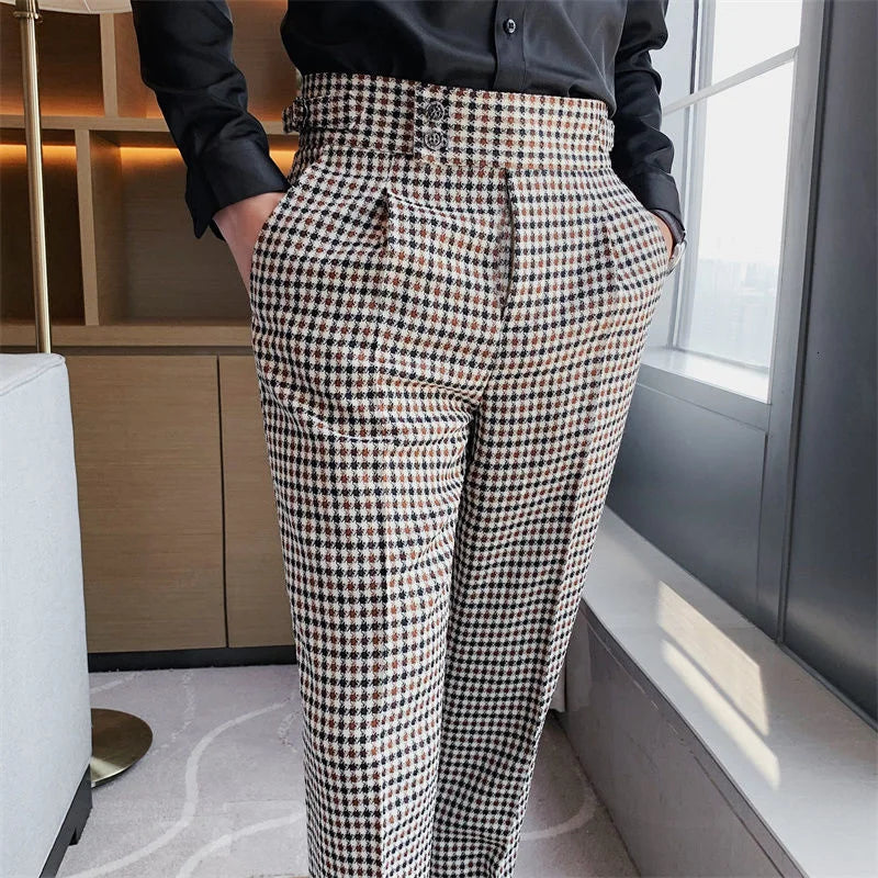 British Casual Men Dress Pant Thousand Bird Grid High Waist Straight Pants