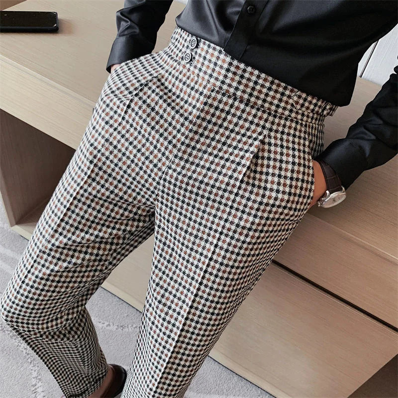 British Casual Men Dress Pant Thousand Bird Grid High Waist Straight Pants