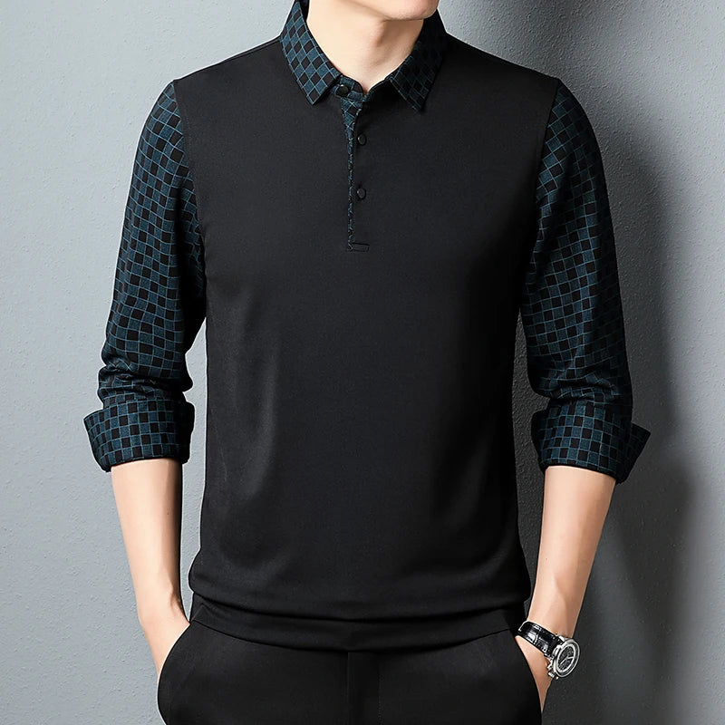 Button Collar Polo Shirt for Men New Fashion Long Sleeve Tee Shirt Polos Top