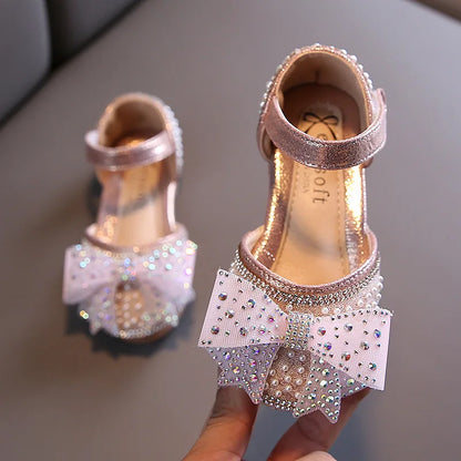 Fashion Girls Sequin Lace Bow Kids Shoes Girls Cute Pearl Princess Dance