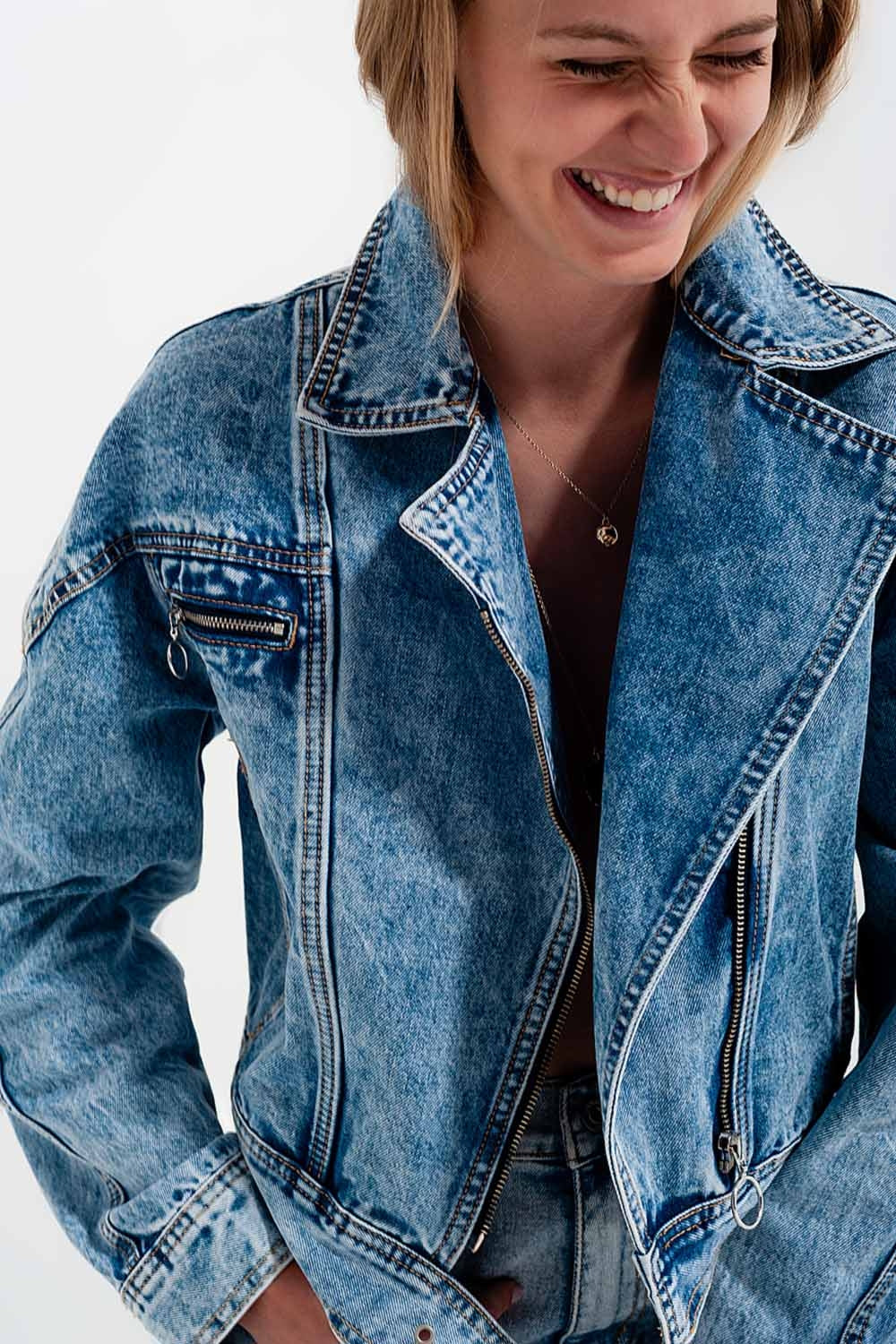 Asymmetric Biker Jacket in Light Wash Blue