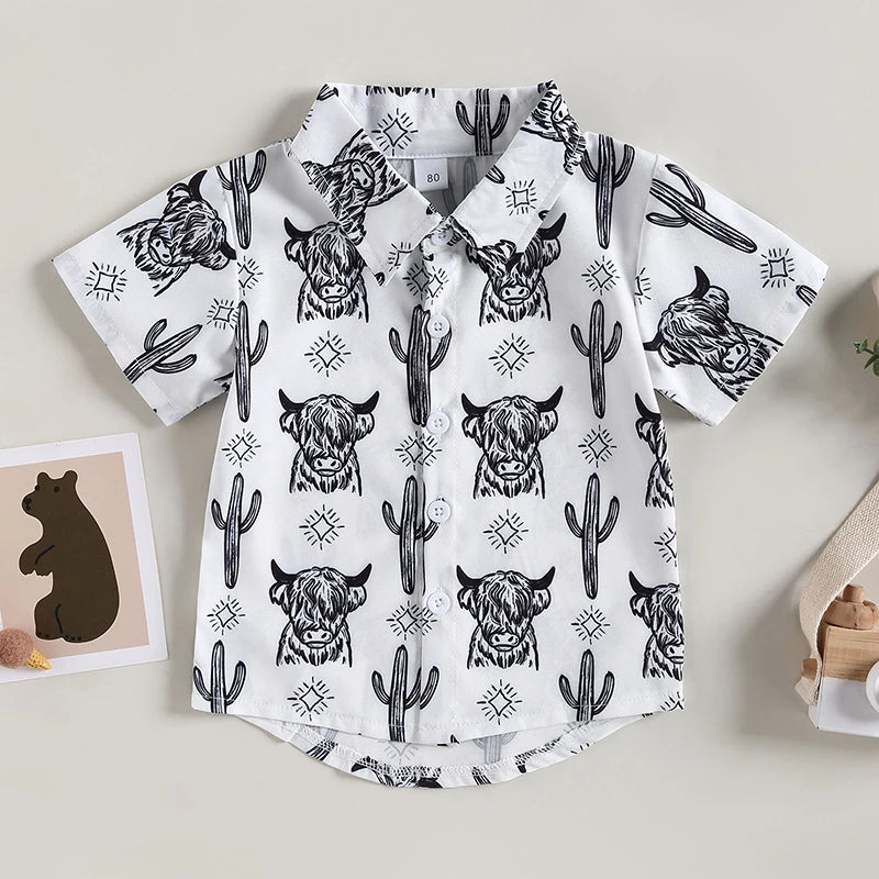 Fashion Summer Baby Boys Shirts Cattle Cactus Graphic Print Short Sleeve