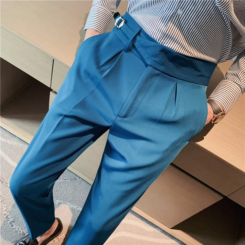 British Style Men Business Casual Dress Pants Men Belt Design Slim Trousers