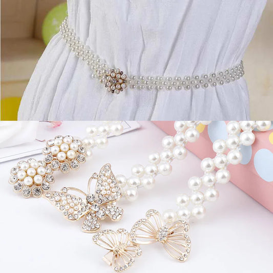 Elegant Women Pearl Belt Waist Belt Elastic Buckle Pearl Chain Belt Female