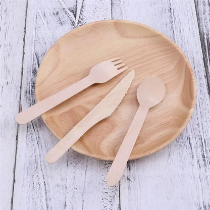 100/150/200pcs Serving Utensils Wooden Forks Spoons Cutters Wood Cutlery