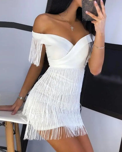 White Fringe Celebrity Evening Runway Party Dress Women Sexy Tassels