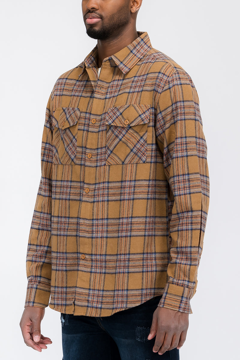 Long Sleeve Checkered Plaid Brushed Flannel