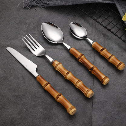 Natural Wooden Handle Spoon Fork Knife Flatware Set 304 Stainless Steel Cutlery